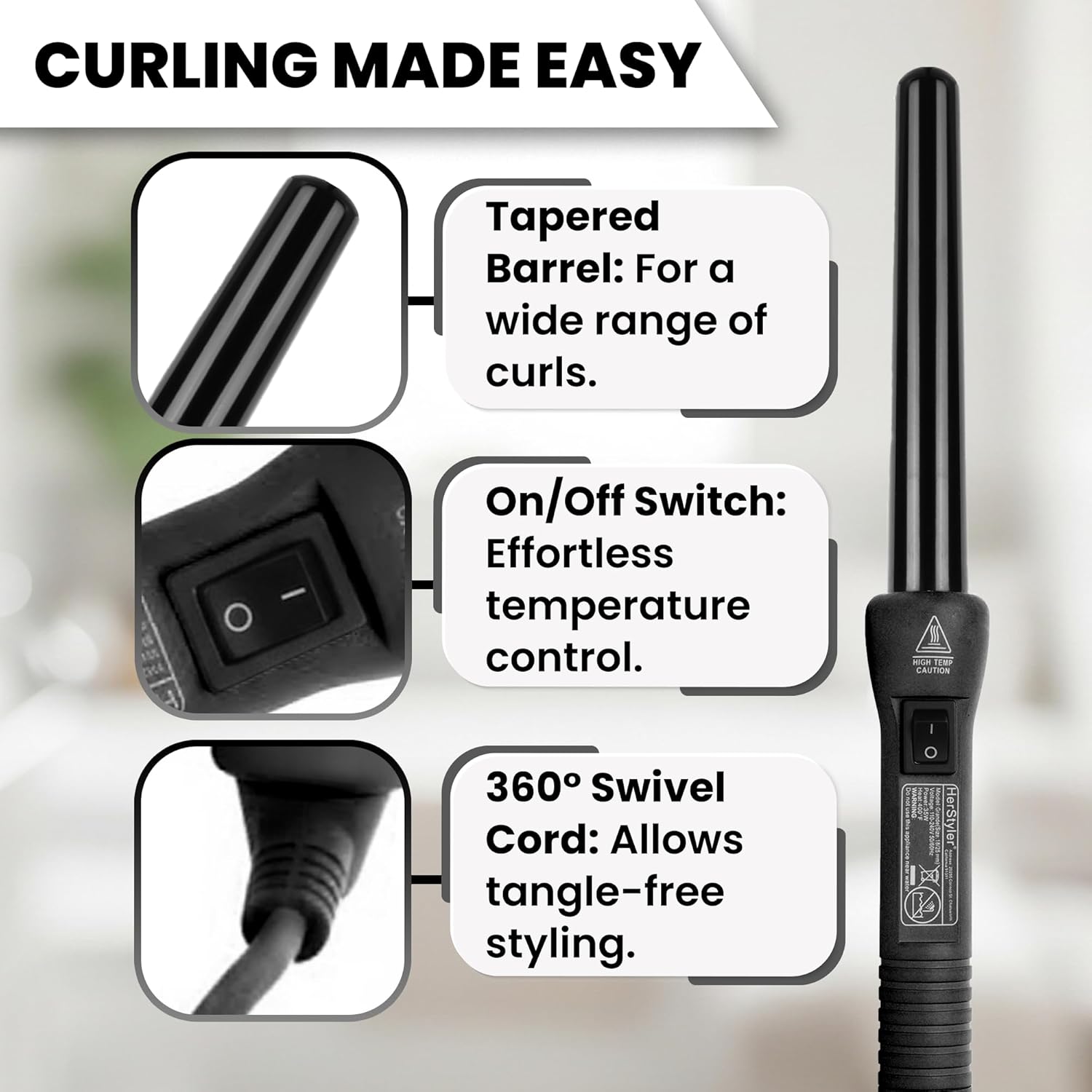 HerStyler Grande Curls Curling Wand for Long Lasting Curls - black