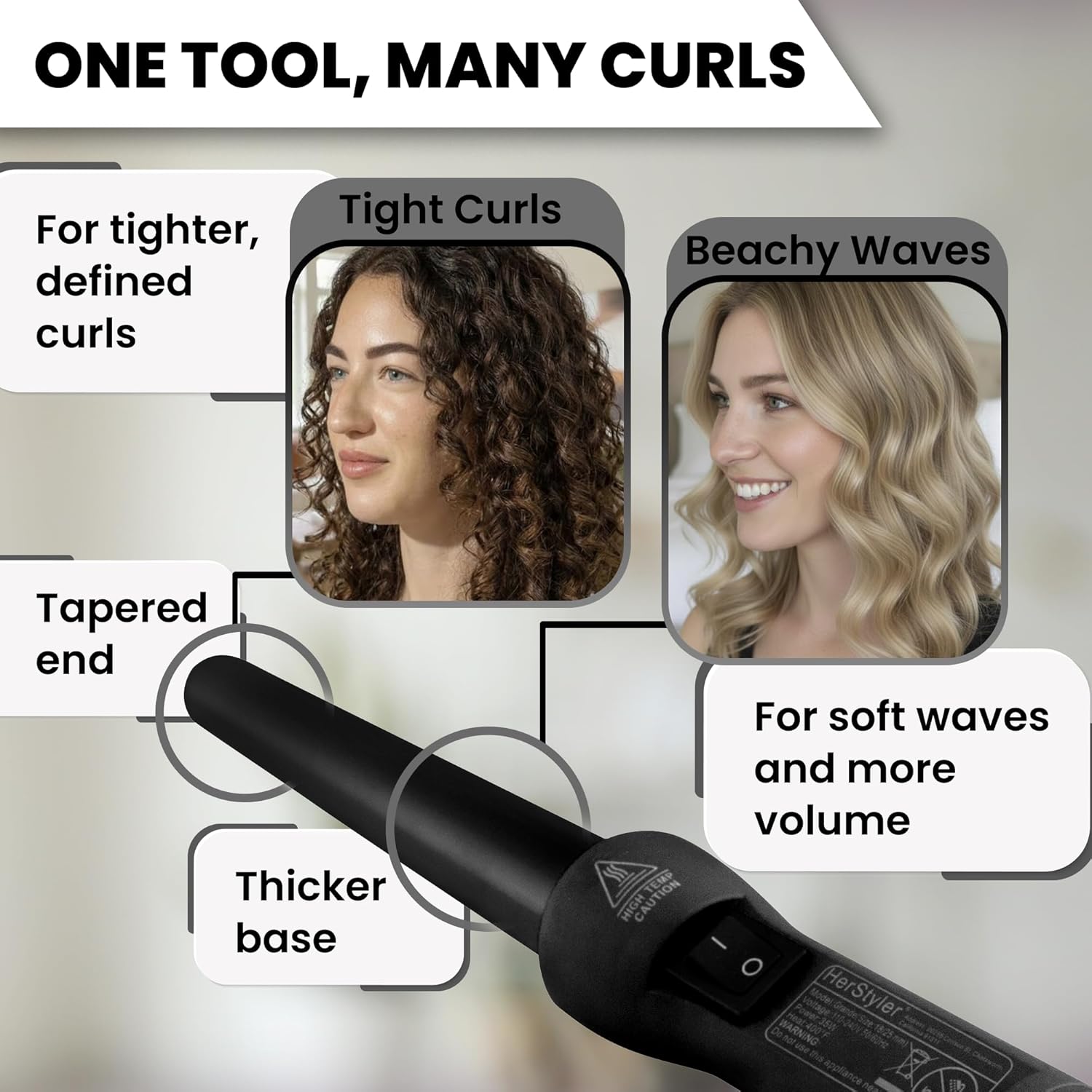 HerStyler Grande Curls Curling Wand for Long Lasting Curls - black