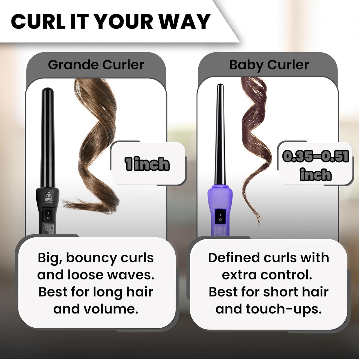 HerStyler Grande Curls Curling Wand for Long Lasting Curls - black