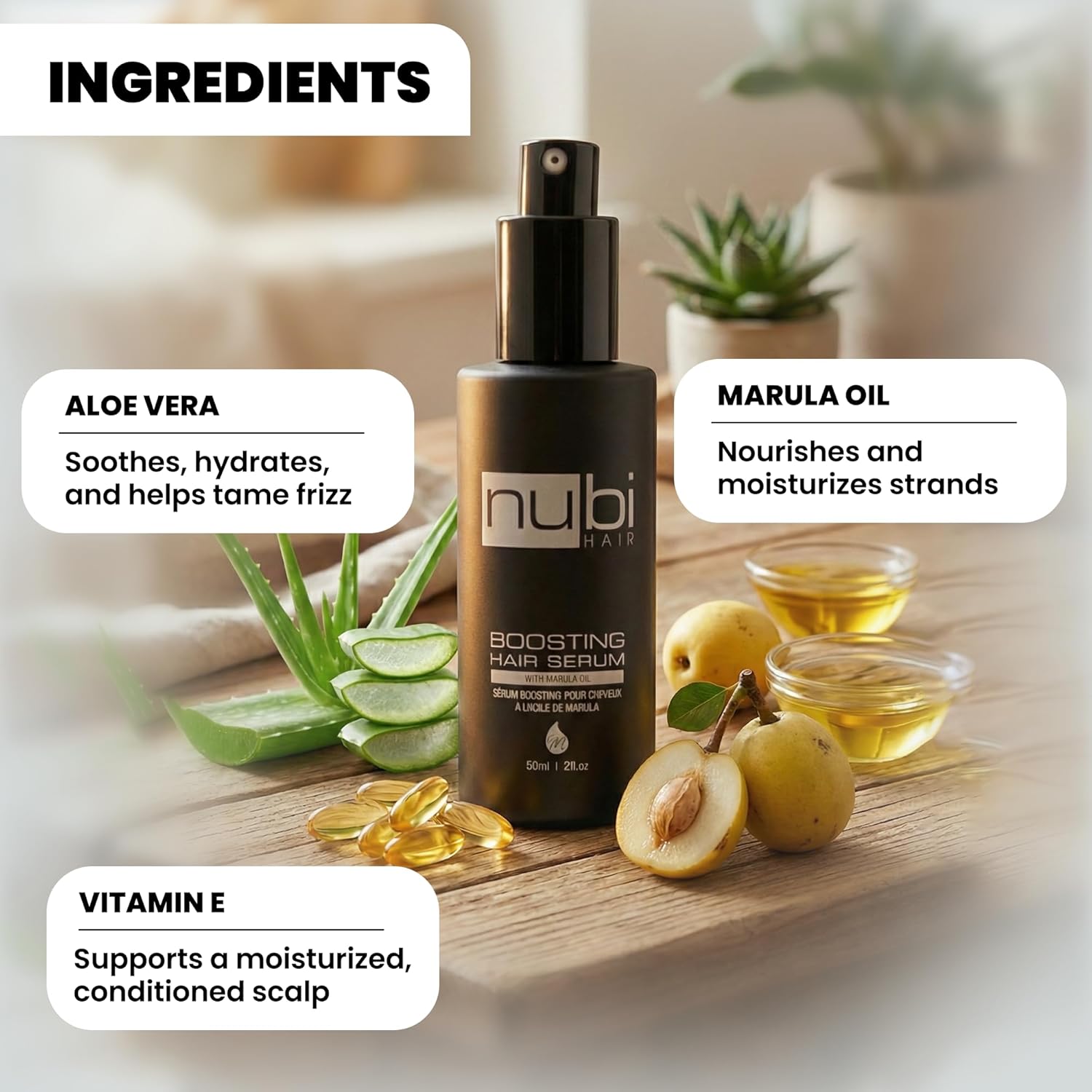 Nubi Anti Frizz Hair Serum, Marula Hair Serum for Dry Hair, Smoothing Serum for Hair Shine - Hair Repair Serum with Vitamin E - 2 Fl Oz