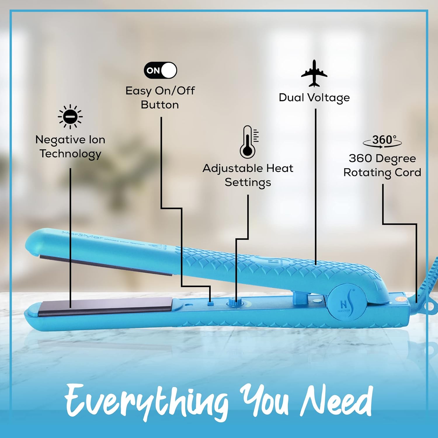 HerStyler Colorful Seasons Flat Iron for Smooth Sleek Hair - Blue