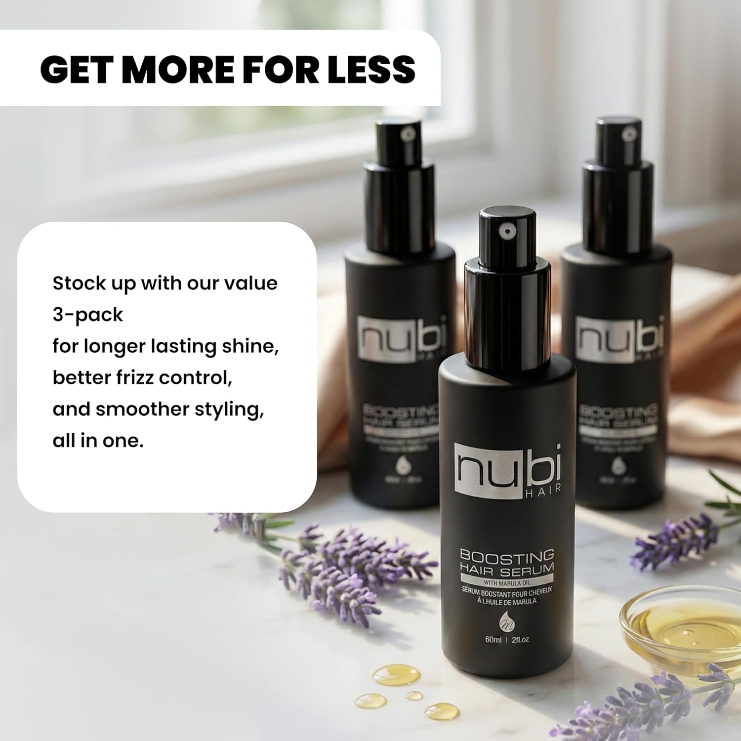 Nubi Anti Frizz Hair Serum, Marula Hair Serum for Dry Hair, Smoothing Serum for Hair Shine - Hair Repair Serum with Vitamin E - 2 Fl Oz