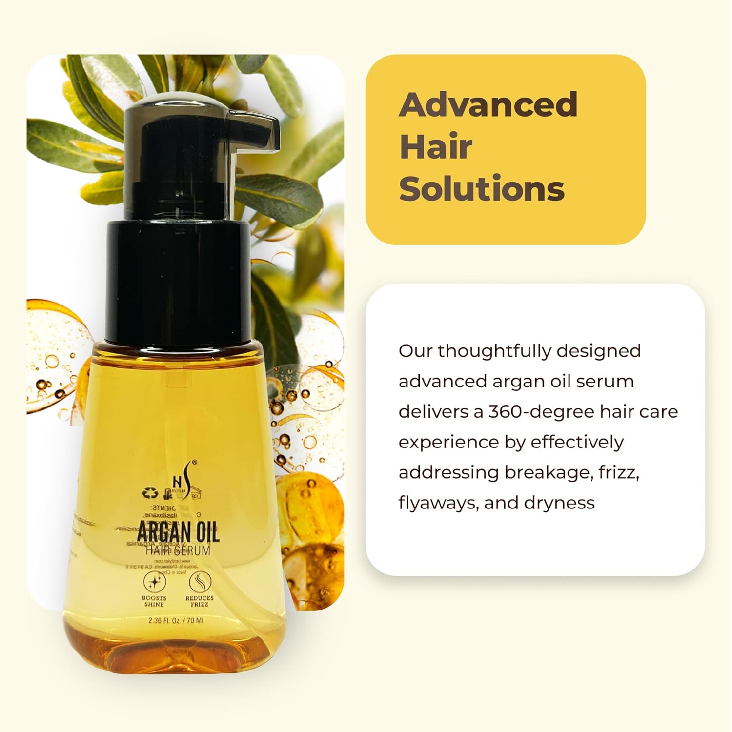 HerStyler Advanced Argan Oil Hair Serum - Frizzy Hair Serum with Vitamin E and Aloe Vera - 2.36 Fl Oz / 70 Ml