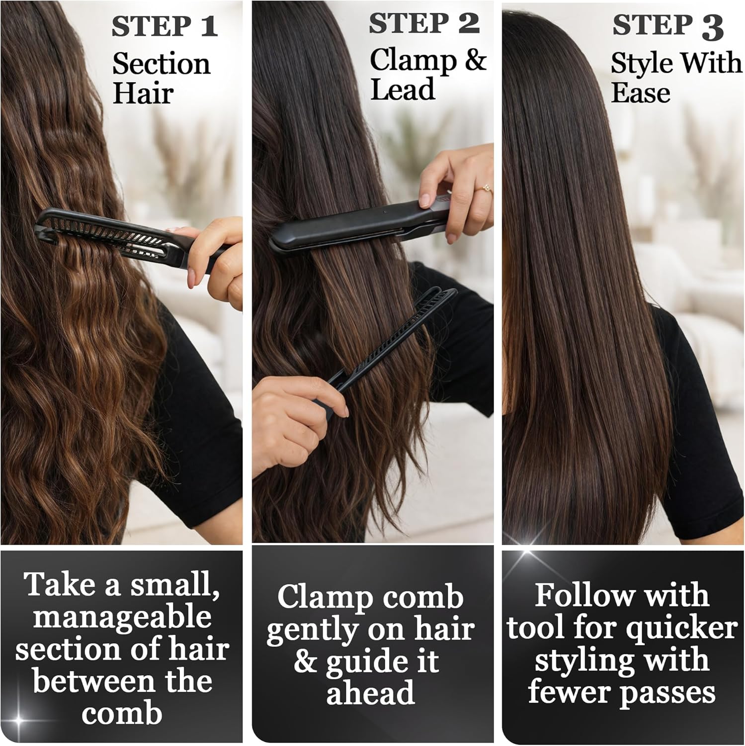 HerStyler Easy Comb V-Shaped Hair Straightening Tool, Black