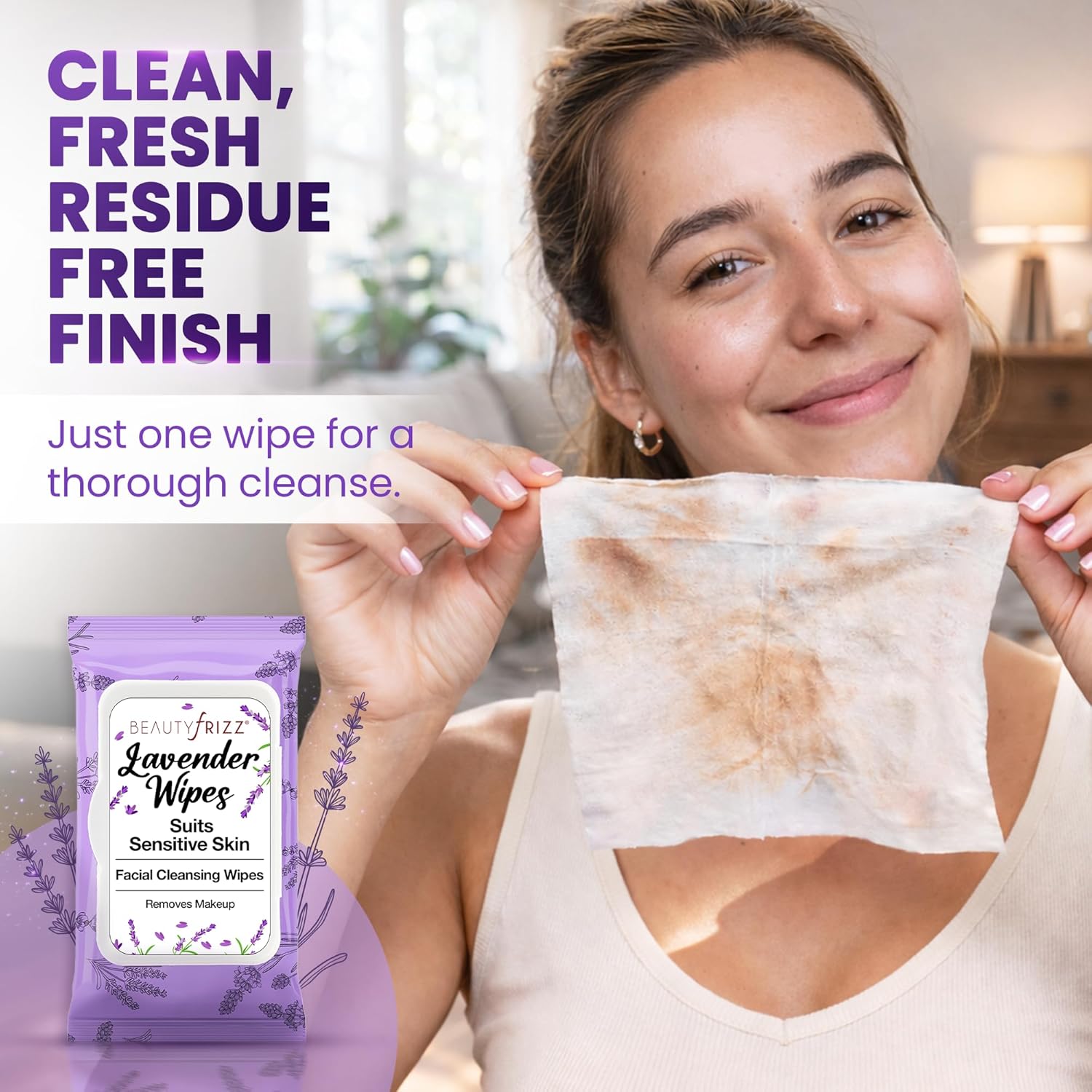 BeautyFrizz Lavender Facial Cleansing Wipes for Everyday Use 120 sheets
