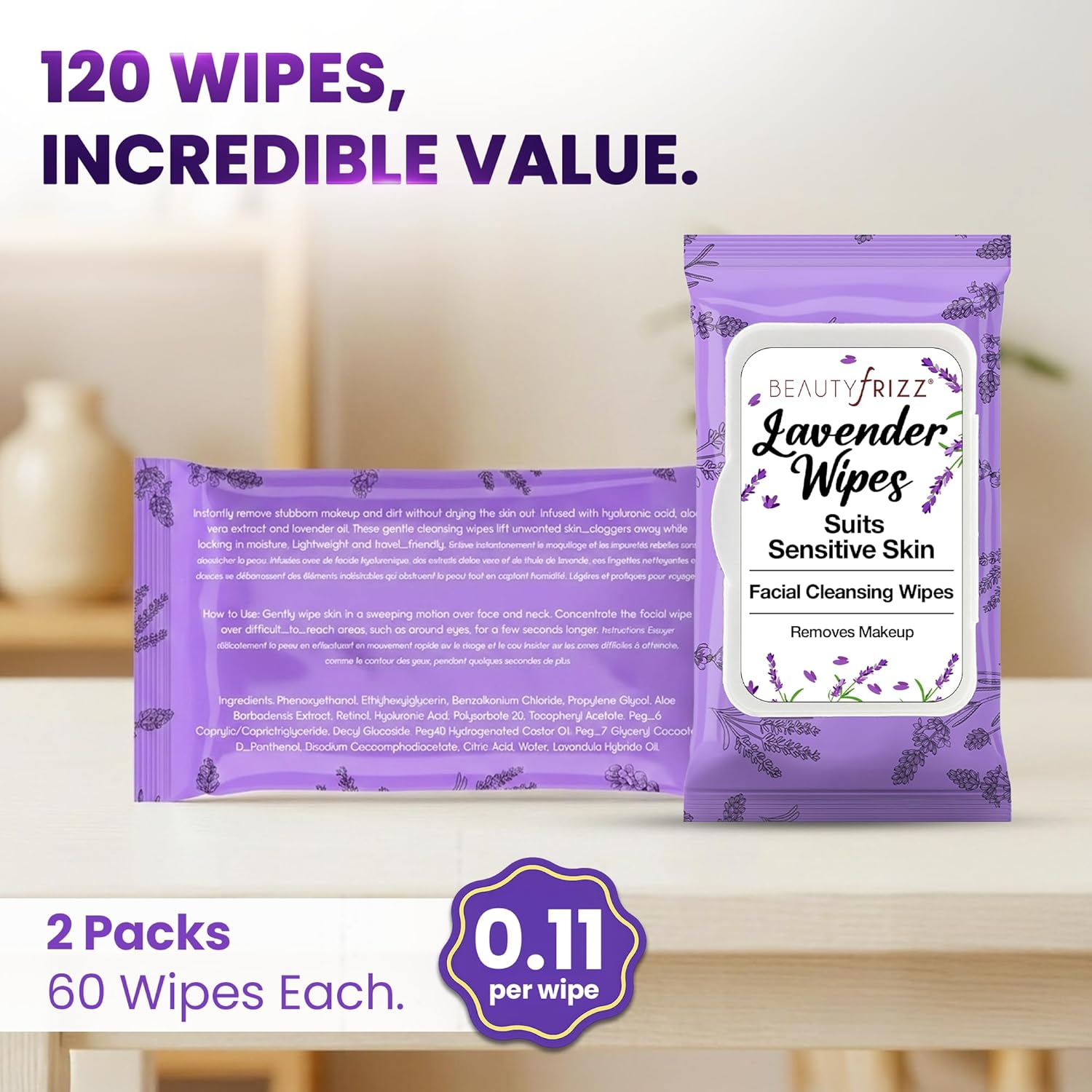BeautyFrizz Lavender Facial Cleansing Wipes for Everyday Use 120 sheets